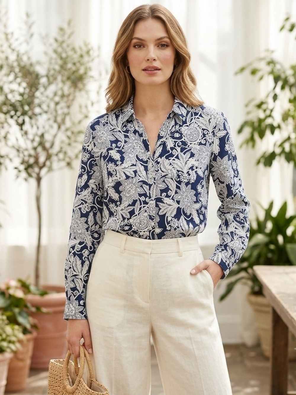 Charter Club Navy and White Paisley Button-Down Shirt 100% Linen Size Med